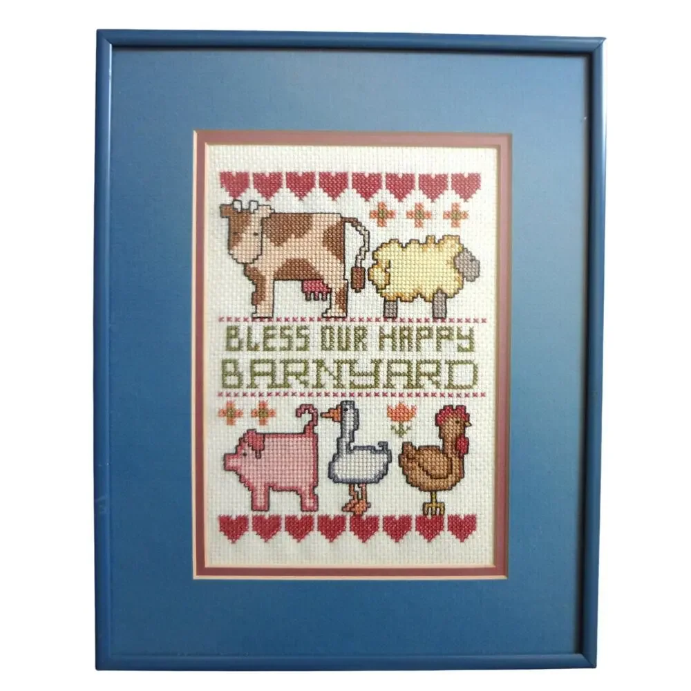 Vintage 90s Framed Sign Cross Stitch Needlepoint Handmade Barn Animals Farm